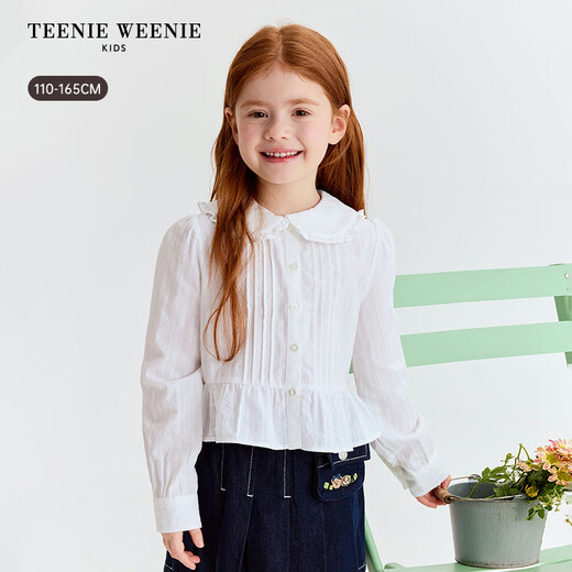 Teenie Weenie Kids 26 years new style girls cotton lady lace lapel long-sleeved shirt off-white 150 cm