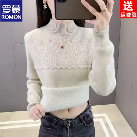ROMON brand women's all-in-one velvet thickened bottoming sweater for women 26 autumn and winter new half turtleneck women's warm top black high quality quality assurance S recommended weight 90Jin Jin equals 0.5kg -105Jin Jin equals 0.5kg