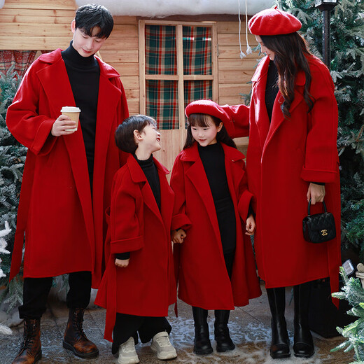 Mother-daughter parent-child outfit for a family of three, high-end lapel coat, Korean style sweet autumn and winter thickened fashionable red 100 cm for children and men