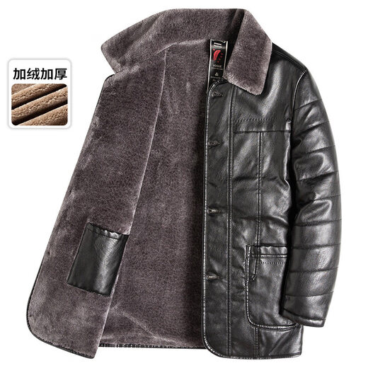 SEPTWOLVES winter middle-aged men's leather jacket plus velvet thickened fur one-piece fur jacket elderly dad wear lapel leather jacket PY212 coffee color L 175 110Jin Jin is equal to 0.5 kg or less