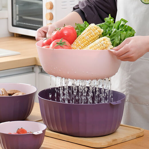 Sanqihu Double-layered Drainage Basket Kitchen Fruit Plate Washing Fruit and Vegetable Basket Green + Small + Medium + Large