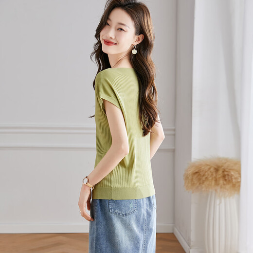 Shexi (Srcr) Contains mulberry silk, one-line collar knitted top for women, spring and autumn style, belly-covering short-sleeved T-shirt