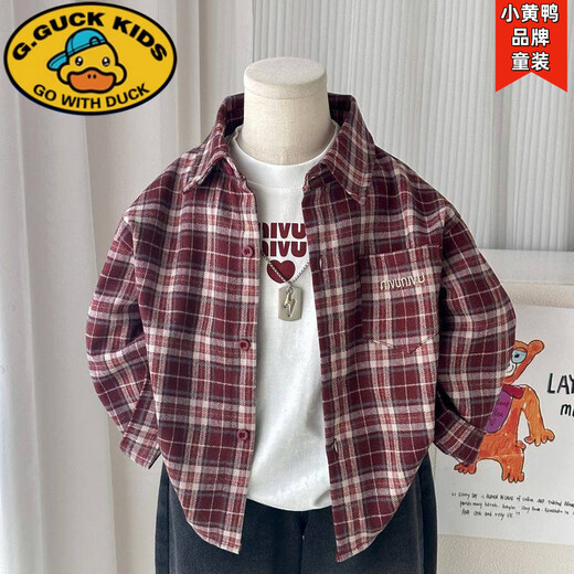 G.duck Korean style boys' brushed plaid shirt, handsome college style spring girl's thin long-sleeved jacket, fashionable red plaid shirt, same style for men and women 110 cm