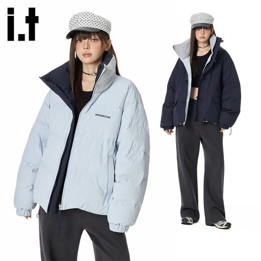 GROUND ZERO可双面穿情侣款字母绣花90白鸭绒立领羽绒服外套 藏青色 2XL   