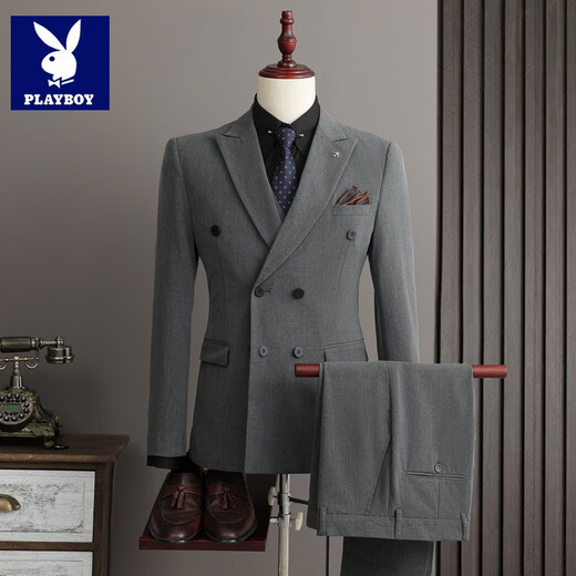 Playboy (PLAYBOY) 2026 double-breasted suit suit men's business formal wear high-end suit groom wedding dress slim jacket medium gray single suit XL recommended 120-135 Jin Jin equals 0.5 kg