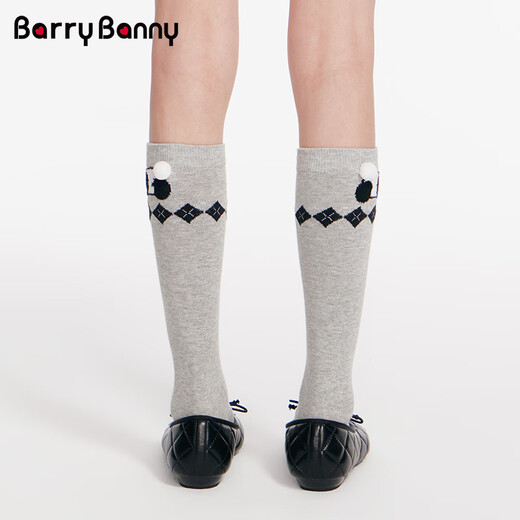 BARRY BANNY Girls' Socks Embroidered Mid-Tube Socks 2026 Spring Medium and Large Children's Light Gray Combed Knitted Socks Diamond Gray One Size