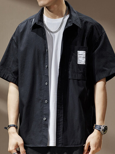 Noble American black short-sleeved shirt for men in spring and summer thin loose pure cotton casual top work shirt jacket khaki 2XL suitable for 170-190Jin Jin equals 0.5 kg