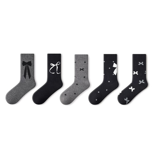 Pami black socks for women autumn and winter 2025 new bow miu mid-calf socks winter stack socks long socks bow mid-calf socks set A-pack 5 pairs one size fits all (suitable for sizes 36-39)