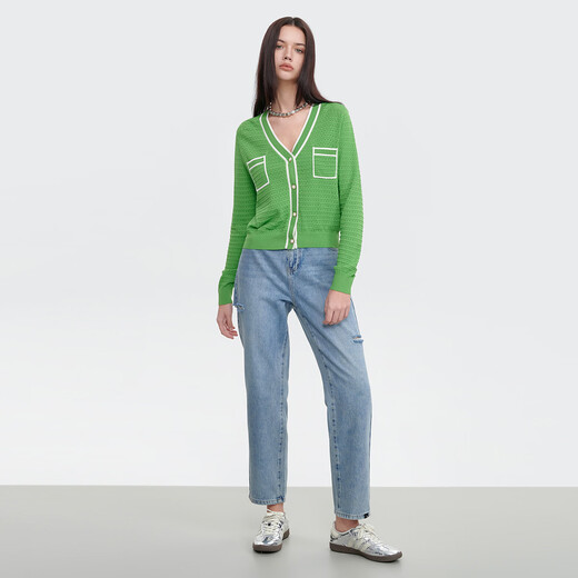 AITU green small fragrance short cardigan for women 2026 summer thin high-end French hollow sweater green M