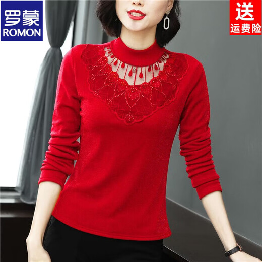 ROMON (ROMON) velvet bottoming shirt for women, spring, autumn and winter new style, half turtleneck mesh shirt, lace mother top, black, velvet style, L recommendation: 98-110Jin Jin is equal to 0.5 kg