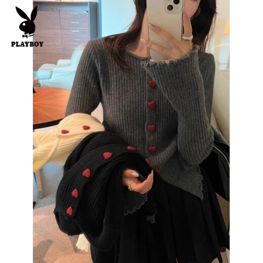 Playboy (PLAYBOY) Design Love Button Sweater Cardigan Women's Autumn and Winter Cardigan Temperament Gentle Loose Irregular Long Sleeve Knitted Top Brown S