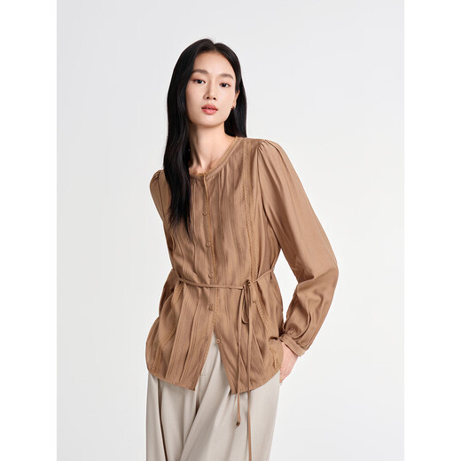 Jiuzi Annako retro elegant style lace round neck Tucker pleated long-sleeved shirt for women 2026 spring new coffee 2XL