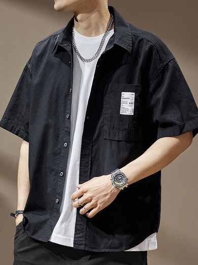 Noble American black short-sleeved shirt for men in spring and summer thin loose pure cotton casual top work shirt jacket khaki 2XL suitable for 170-190Jin Jin equals 0.5 kg