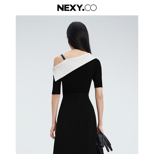 NEXY.CO same style 2026 spring new contrasting slanted shoulder slim knitted sweater simple top black S
