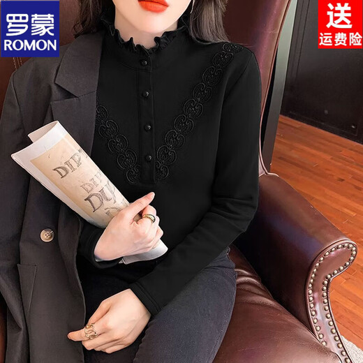 ROMON's new autumn and winter German velvet thickened mid-collar bottoming shirt tops for middle-aged mothers, plus size shirts, long-sleeved T-shirts for women, black L 95-105