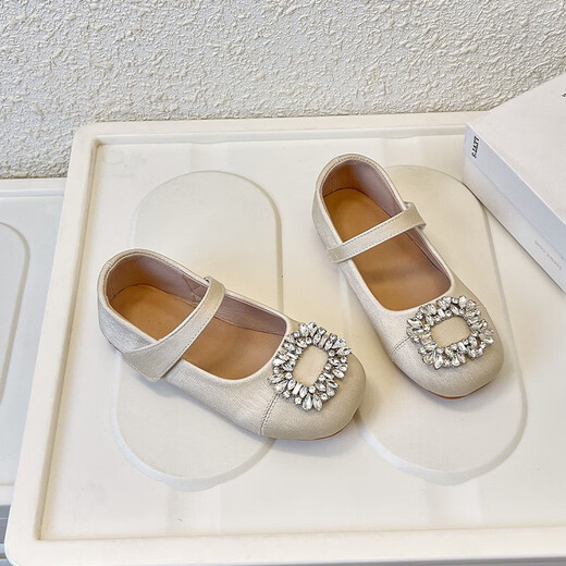 Girls' Leather Shoes 2026 Spring and Autumn New Rhinestone Versatile Children's Princess Shoes Non-Slip Soft Bottom Flat Shoes Champagne Color Single Layer 27 Inner Length 17.5cm