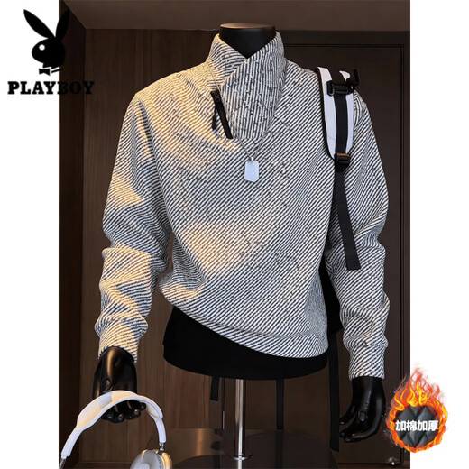 Playboy (PLAYBOY) chenille velvet thickened heavyweight sweatshirt men's American diagonal zipper stand collar herringbone pattern bottoming shirt long-sleeved T-shirt white velvet M