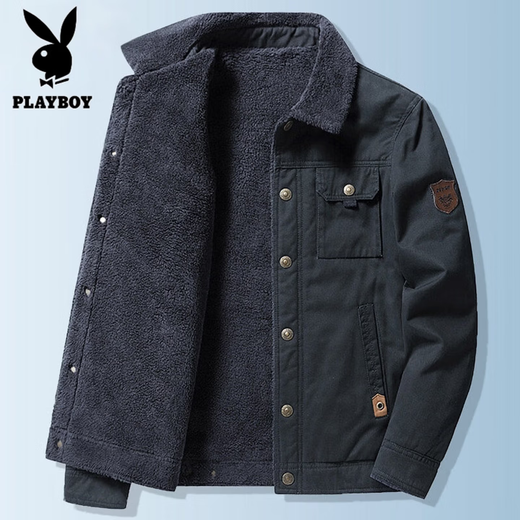 Playboy (PLAYBOY) American Jacket Men's Autumn and Winter New Lamb Velvet Work Jacket Plus Velvet Thickened Casual Lapel Cotton Jacket Khaki XL Recommended Weight 130-145Jin Jin is equal to 0.5 kg