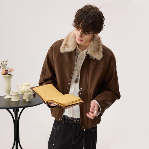Xiaohongshu's popular CHICERRO Sicilian men's noble fur collar mink velvet lined leather jacket for boys brown XL