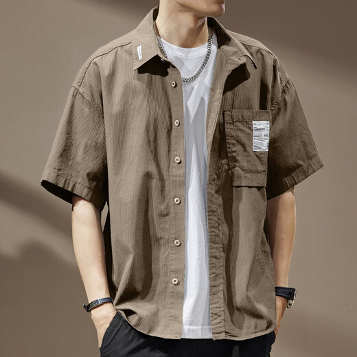 Noble American black short-sleeved shirt for men in spring and summer thin loose pure cotton casual top work shirt jacket khaki 2XL suitable for 170-190Jin Jin equals 0.5 kg