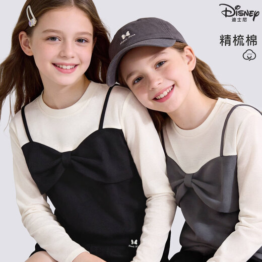 Disney (Disney) Girls T-shirt Long Sleeve Spring Clothing 2026 New Style Children's Bottoming Shirt Fake Two-Piece Autumn Black 140 cm