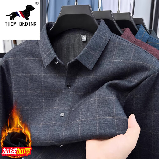 THOM BKDINR汤姆.布朗羊毛保暖蚕丝衬衫长袖加绒加厚衬衣中老年商务休闲格子 628灰色 加绒 XL 135-150斤穿
