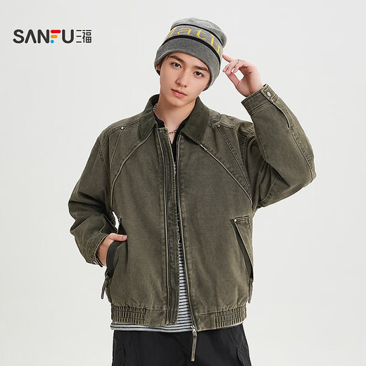 SANFU 2026 Spring Men's Split Color Lapel Work Jacket Street Fashion Loose Jacket 518559 Khaki M