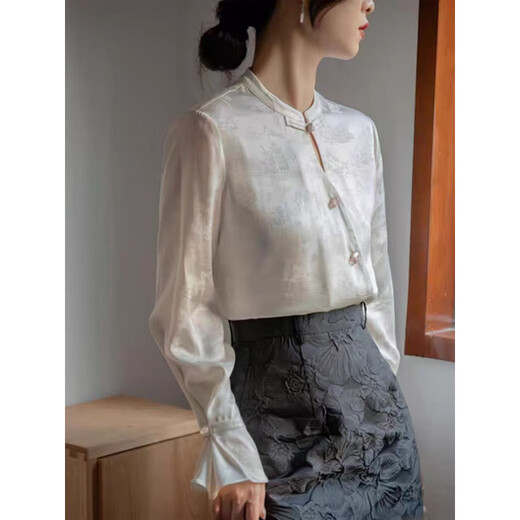 Playboy (PLAYBOY) Chinese button-up shirt 2026 jacquard new spring national style satin design retro long-sleeved top stand collar official flagship apricot color S 94Jin Jin equal to 0.5 kg or less