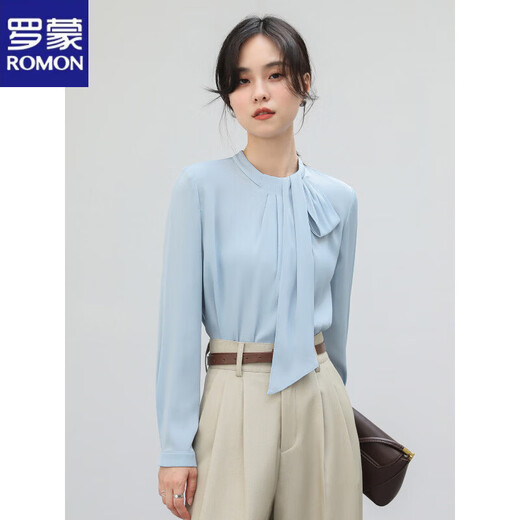 ROMON ribbon blue shirt for women spring new temperament professional commuting shirt high-end satin top blue suitable for spring and summer S