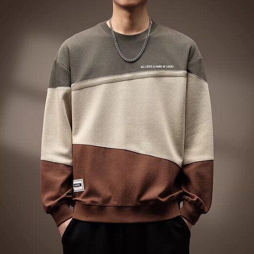 Noble high-end American style contrasting color splicing heavy sweatshirt for men 2026 spring and autumn new loose large size long-sleeved bottoming shirt