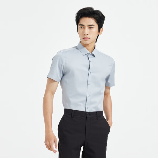 Lilang DP no-iron shirt for men, washable, easy-care, crisp, wear-resistant, short-sleeved shirt, gray blue 42