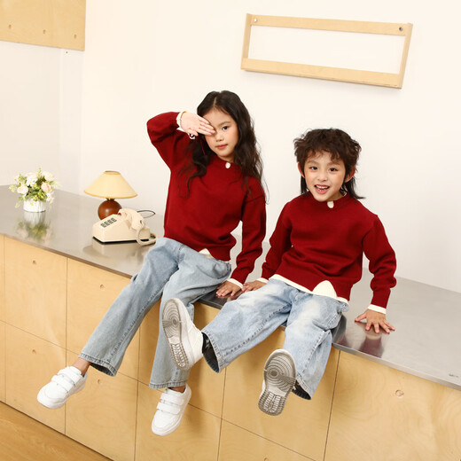 Family portrait, parent-child outfit, red New Year sweater for the Year of the Horse, New Year greeting clothes for a family of three, mother and daughter, high-end style, burgundy sweater/single piece 100, children's size 100 (recommended height 95-105cm)