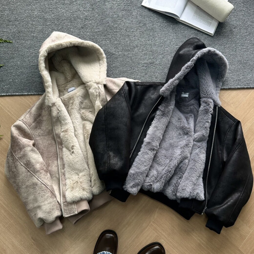 DESERTO frost cracked leather 1500G imitation mink one piece winter hooded mountain carving PU leather jacket black M