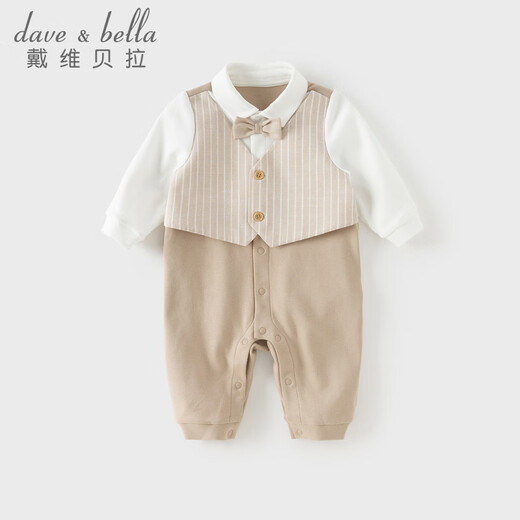 DAVE&BELLA newborn romper 2026 spring new baby boy onesie children's fake two-piece cotton baby pajamas khaki ready stock 59cm (recommended height 52-59cm)