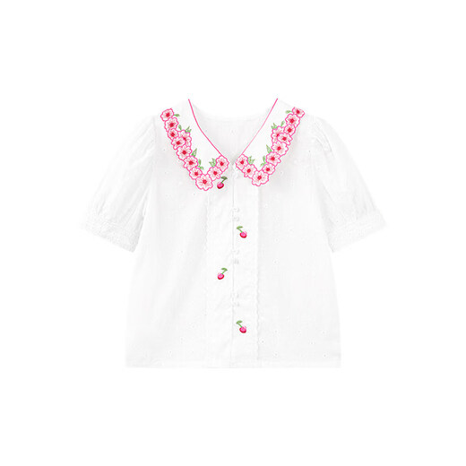 SEVEN BOBI No. 7 Children's Warehouse Girls' Korean Embroidered Short-Sleeved Shirt Summer New Style Children's Lapel Puff Sleeve Casual Top Trendy White Ready Stock 120 cm