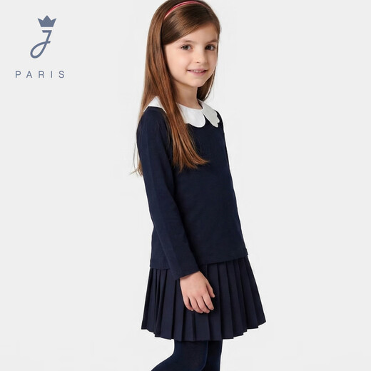 JACADI girls French long-sleeved T-shirt 2026 spring new lace collar cotton casual top trendy navy 123 105 /4A