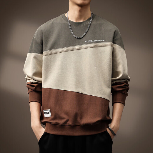 Noble high-end American style contrasting color splicing heavy sweatshirt for men 2026 spring and autumn new loose large size long-sleeved bottoming shirt