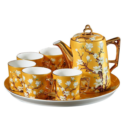 Heart Decoration Garden Living Room British-style Afternoon Tea Tea Set Luxurious European Bone China Water Cup Kettle Household Set Ceramic Tea Cup Gift Box Yellow Wangchun Magnolia 8-head Water Set
