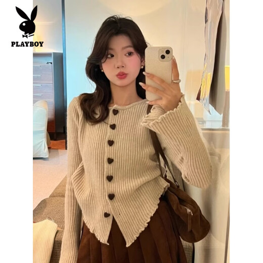 Playboy (PLAYBOY) Design Love Button Sweater Cardigan Women's Autumn and Winter Cardigan Temperament Gentle Loose Irregular Long Sleeve Knitted Top Brown S