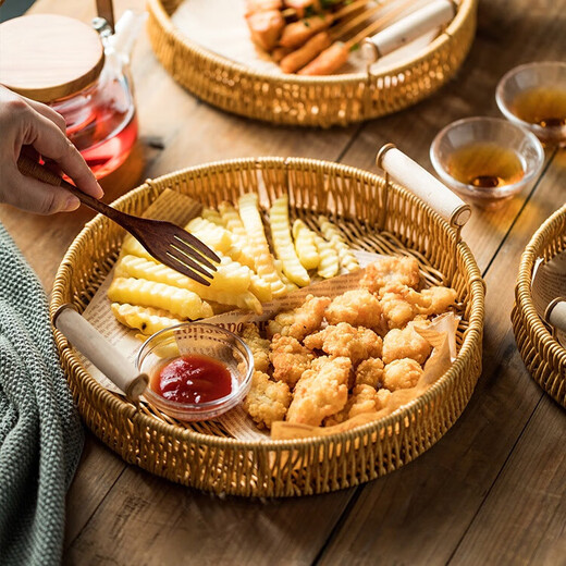 Jingxianju Bamboo Basket Bamboo Basket Bamboo Basket Fruit Plate Tray Steamed Bun Basket Small Desktop Snack Storage Box Vegetable Handmade Double-Ear Imitation Rattan Fruit Plate Medium Size