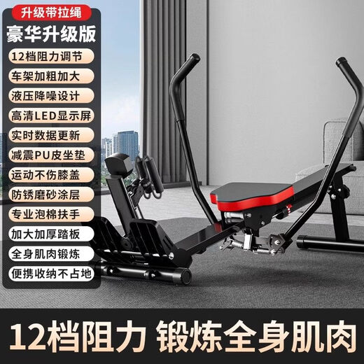 OTHER Backrest rowing machine, hydraulic folding sculls, silent fitness equipment with mobile phone holder, black 12-speed hydraulic resistance adjustment + mobile phone clip + drawstring, electronic watch