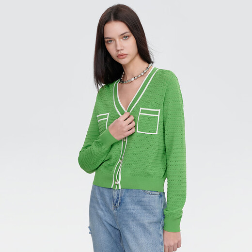 AITU green small fragrance short cardigan for women 2026 summer thin high-end French hollow sweater green M