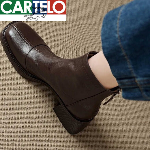 CARTELO Sheepskin Version Square Toe Short Boots Women's Autumn and Winter Back Zipper Boots Plus Velvet Horse Thick Heel High Heels Slim Boots Ting Boots Women's Black (Single Liner) Ready Stock 6cm 36