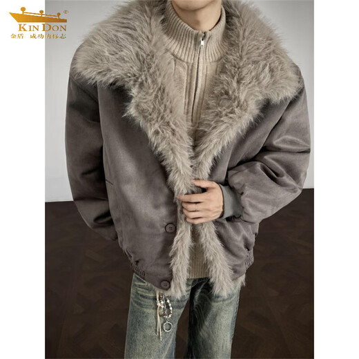 Mountain-carved fur collar plus velvet cotton-padded jacket for men in winter with a handsome design, a warm cotton feel, a loose and thickened jacket, gray M (recommended 95-110 Jin Jin is equal to 0.5 kg)