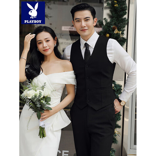 Playboy (PLAYBOY) Business Professional Formal Wear Groom Wedding Suit Suit Men's Korean Slim Dress Suit British Top Men Gray Single Button Suit+Pants+Tie XL Recommended 120-135Jin Jin equals 0.5 kg