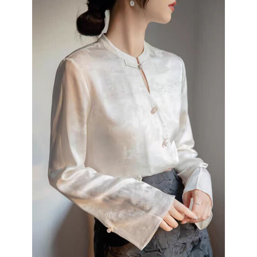 Playboy (PLAYBOY) Chinese button-up shirt 2026 jacquard new spring national style satin design retro long-sleeved top stand collar official flagship apricot color S 94Jin Jin equal to 0.5 kg or less