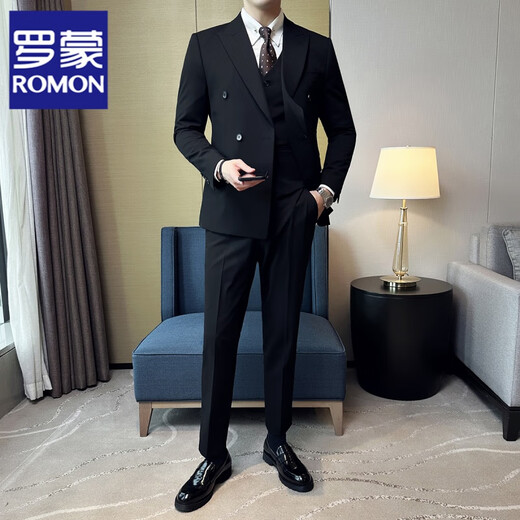 ROMON British style double-breasted suit men's suit business casual formal dress groom wedding dress three-piece suit 8 black double-breasted suit + trousers + vest XL (125-140Jin Jin equals 0.5 kg)