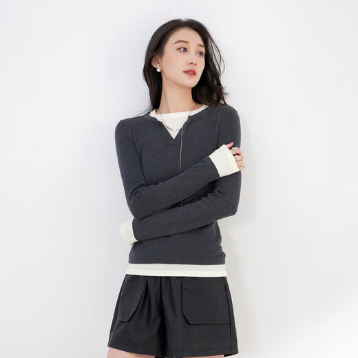 XIRAN 2025 Autumn and Winter New Fake Two-Piece Simple, Versatile, Slim, Slim and Temperament Commuting Sweater for Women, Gray, One Size