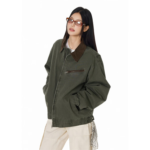 GROUND ZERO Couple Style Jacket Retro Style 90 White Duck Down Contrast Color Lapel Down Jacket Military Green M