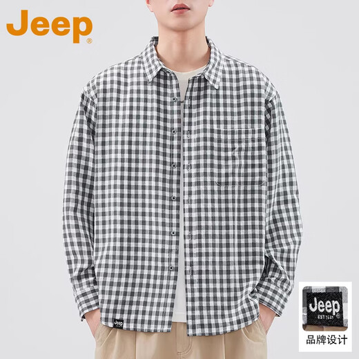 JEEP American retro casual shirt men's 2026 spring new plaid handsome trendy brand versatile fashion tops men's light gray official authentic XL recommended 140-160Jin Jin equals 0.5 kg